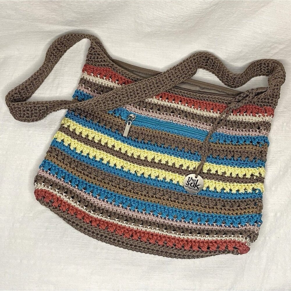 The Sak Striped Crochet Rainbow Multi color Hobo 13"w Shoulder Bag Handbag Purse
